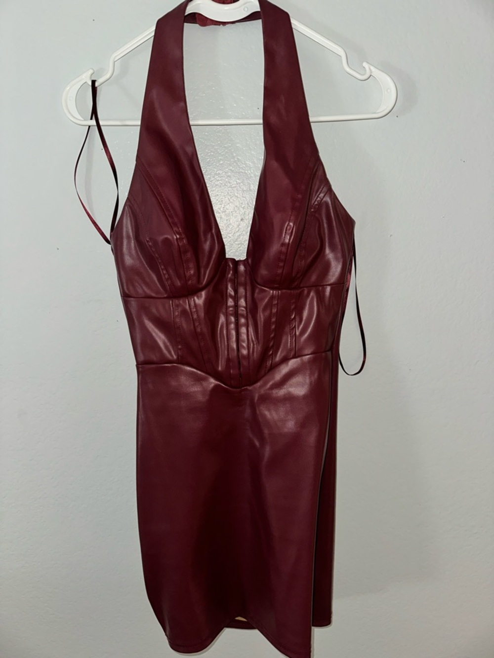 Windsor Burgundy Faux Leather Halter Mini Dress